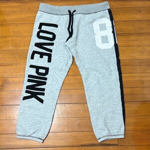 PINK Victoria's Secret Heather Gray Capri Sweatpants with Black Text